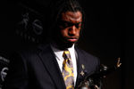 NEW YORK, NY - DECEMBER 10:  Robert Griffin III of the Baylor Bears poses with the trophy after being named the 77th Heisman Memorial Trophy Award winner during a press conference at The New York Marriott Marquis on December 10, 2011 in New York City.  (Photo by Jeff Zelevansky/Getty Images)