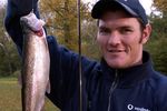 8 Nov 2001:   Daniel Herbert, the Australian centre, holds a rainbow trout caught during a spot of fly fishing at a team activity day at Willinghurst Estate, Cranleigh, Surrey.DIGITAL IMAGE Mandatory Credit: Dave Rogers/ALLSPORT