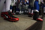 EAST RUTHERFORD, NJ - JANUARY 08:  A detail of Nike cleats worm by players from the New York Giants as they get set to take the field against the Atlanta Falcons during their NFC Wild Card Playoff game at MetLife Stadium on January 8, 2012 in East Rutherford, New Jersey.  (Photo by Al Bello/Getty Images)