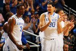 NEW ORLEANS, LA - MARCH 11:  Terrence Jones #3 and Eloy Vargas #30 of the Kentucky Wildcats react in the first half against the Vanderbilt Commodores during the championship game of the 2012 SEC Men's Basketball Tournament at New Orleans Arena on March 11, 2012 in New Orleans, Louisiana.  (Photo by Chris Graythen/Getty Images)