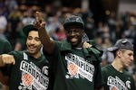 INDIANAPOLIS, IN - MARCH 11:  Brandon Wood #30 (L) and Draymond Green #23 of the Michigan State Spartans celebrate after they won 68-64 against the Ohio State Buckeyes during the Final Game of the 2012 Big Ten Men's Conference Basketball Tournament at Bankers Life Fieldhouse on March 11, 2012 in Indianapolis, Indiana.  (Photo by Andy Lyons/Getty Images)