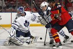 SUNRISE, FL - MARCH 13: Goaltender James Reimer #34 of the Toronto Maple Leafs looks back towards the net after stopping a shot by Mikael Samuelsson #26 of the Florida Panthers on March 13, 2012 at the BankAtlantic Center in Sunrise, Florida. The Panthers defeated the Maple Leafs 5-2. (Photo by Joel Auerbach/Getty Images)