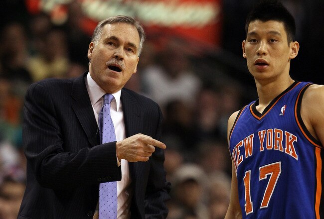 BOSTON, MA - MARCH 04: Head coach Mike D'Antoni talks with Jeremy Lin #17 of the New York Knicks on March 4, 2012 at TD Garden in Boston, Massachusetts. The Boston Celtics defeated the New York Knicks 115-111 in overtime. NOTE TO USER: User expressly acknowledges and agrees that, by downloading and or using this photograph, User is consenting to the terms and conditions of the Getty Images License Agreement.  (Photo by Elsa/Getty Images)