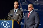 INDIANAPOLIS, IN - MARCH 07:  Peyton Manning (L) speaks as Indianapolis Colts owner Jim Irsay listens during a press conference announcing that the Colts will release of Manning at Indiana Farm Bureau Football Center on March 7, 2012 in Indianapolis, Indiana.  (Photo by Joey Foley/Getty Images)