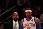 NEW YORK, NY - MARCH 14:  (L) Mike Woodson the interim head coach of the New York Knicks looks on with (R) Carmelo Anthony #7 of the New York Knicks  during the game against the Portland Trailblazers at Madison Square Garden on March 14, 2012 in New York City. NOTE TO USER: User expressly acknowledges and agrees that, by downloading and/or using this Photograph, user is consenting to the terms and conditions of the Getty Images License Agreement.  (Photo by Chris Trotman/Getty Images)