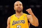 LOS ANGELES, CA - FEBRUARY 29:  Derek Fisher #2 of the Los Angeles Lakers celebrates a score against the Minnesota Timberwolves during a 105-84 win at Staples Center on February 29, 2012 in Los Angeles, California.  NOTE TO USER: User expressly acknowledges and agrees that, by downloading and or using this photograph, User is consenting to the terms and conditions of the Getty Images License Agreement.  (Photo by Harry How/Getty Images)