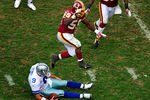 LANDOVER, MD - NOVEMBER 20: London Fletcher #59 of the Washington Redskins celebrates after a sack against Tony Romo #9 of the Dallas Cowboys at FedEx Field on November 20, 2011 in Landover, Maryland. (Photo by Scott Cunningham/Getty Images)