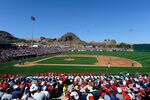 TEMPE, AZ - MARCH 12:  A sold-out stadium watches Los Angeles Angels of Anaheim take on the Los Angeles Dodgers during a spring training baseball game at Tempe Diablo Stadium on March 12, 2012 in Tempe, Arizona.  (Photo by Kevork Djansezian/Getty Images)