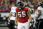 ATLANTA, GA - DECEMBER 15:  John Abraham #55 of the Atlanta Falcons reacts against the Jacksonville Jaguars at the Georgia Dome on December 15, 2011 in Atlanta, Georgia.  (Photo by Kevin C. Cox/Getty Images)
