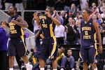 SAN JOSE, CA - MARCH 18:  Jeffery McClain #22, Isaiah Canaan #3 and Donte Poole #11 of the Murray State Racers celebrate after defeating the Vanderbilt Commodores 66-65 in the first round of the 2010 NCAA men's basketball tournament at HP Pavilion on March 18, 2010 in San Jose, California.  (Photo by Jed Jacobsohn/Getty Images)