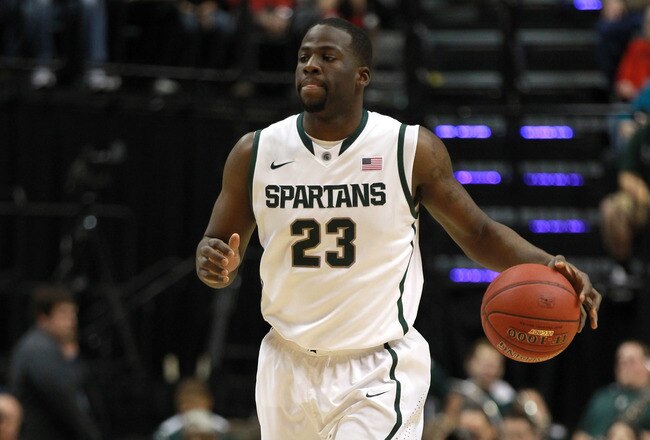 INDIANAPOLIS, IN - MARCH 11:  Draymond Green #23 of the Michigan State Spartans brings the ball up court against the Ohio State Buckeyes during the Final Game of the 2012 Big Ten Men's Conference Basketball Tournament at Bankers Life Fieldhouse on March 11, 2012 in Indianapolis, Indiana.  (Photo by Andy Lyons/Getty Images)