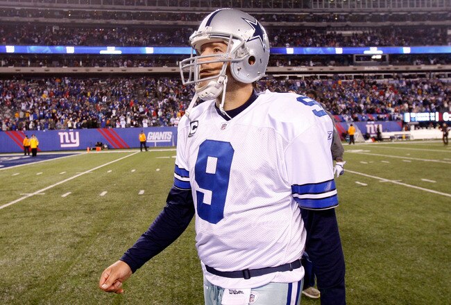 EAST RUTHERFORD, NJ - JANUARY 01:  Tony Romo #9 of the Dallas Cowboys walks off of the field after losing against the New York Giants at MetLife Stadium on January 1, 2012 in East Rutherford, New Jersey.  (Photo by Rich Schultz/Getty Images)