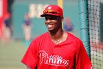 PHILADELPHIA, PA - JULY 29:  Domonic Brown #9 of the Philadelphia Phillies smiles during batting practice prior to his game against Pittsburgh Pirates at Citizens Bank Park on July 29, 2011 in Philadelphia, Pennsylvania.  (Photo by Len Redkoles/Getty Images)