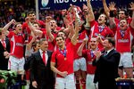 CARDIFF, WALES - MARCH 17:  Wales captain Sam Warburton lifts the Six Nations trophy after his team win the match and the Grand Slam during the RBS Six Nations Championship match between Wales and France at the Millennium Stadium on March 17, 2012 in Cardiff, Wales.  (Photo by Stu Forster/Getty Images)