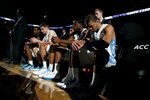 ATLANTA, GA - MARCH 11:  (L-R) Harrison Barnes #40, Tyler Zeller #44, James Michael McAdoo #43, Reggie Bullock #35 and Kendall Marshall #5 of the North Carolina Tar Heels sit on the bench during pregame against the Florida State Seminoles during the Final Game of the 2012 ACC Men's Basketball Conference Tournament at Philips Arena on March 11, 2012 in Atlanta, Georgia.  (Photo by Kevin C. Cox/Getty Images)