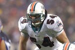 Miami Dolphins linebacker Zack Thomas looks across the line of scrimmage during a game against the Buffalo Bills at Ralph Wilson Stadium in Orchard Park, New York on December 17, 2006. Buffalo won the game 21-0. (Photo by Mark Konezny/NFLPhotoLibrary)