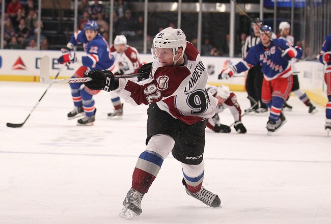 NEW YORK, NY - MARCH 17:  Gabriel Landeskog #92 of the Colorado Avalanche shoots against the against the New York Rangers at Madison Square Garden on March 17, 2012 in New York City.  (Photo by Nick Laham/Getty Images)