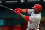 MIAMI - JUNE 9: Ken Griffey Jr. #3 of the Cincinnati Reds hits his 600th career home run against the Florida Marlins in the first inning  on June 9, 2008 at Dolphin Stadium in Miami, Florida. (Photo by Eliot J. Schechter/Getty Images)