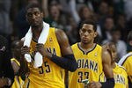 BOSTON, MA - MARCH 16:  Roy Hibbert #55 and Danny Granger #33 of the Indiana Pacers react after the game against the Boston Celtics on March 16, 2011 at the TD Garden in Boston, Massachusetts. The Celtics defeated the Indiana Pacers 92-80. NOTE TO USER: User expressly acknowledges and agrees that, by downloading and/or using this Photograph, User is consenting to the terms and conditions of the Getty Images License Agreement.  (Photo by Elsa/Getty Images)