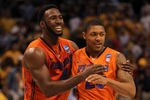 PHOENIX, AZ - MARCH 22:  Patric Young #4 and Bradley Beal #23 of the Florida Gators celebrate the 68-58 victory against the Marquette Golden Eagles during the 2012 NCAA Men's Basketball West Regional Semifinal game at US Airways Center on March 22, 2012 in Phoenix, Arizona.  (Photo by Jamie Squire/Getty Images)