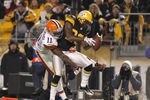 PITTSBURGH, PA - DECEMBER 8:   William Gay #22 of the Pittsburgh Steelers intercepts a pass to Mohamed Massaquoi #11 of the Cleveland Browns during the game on December 8, 2011 at Heinz Field in Pittsburgh, Pennsylvania.  The Steelers won 14-3.  (Photo by Justin K. Aller/Getty Images)