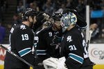 SAN JOSE, CA - MARCH 22:  Joe Thornton #19 and Martin Havlat #9 of the San Jose Sharks congratulate Antti Niemi #31 of the San Jose Sharks after the Sharks beat the Boston Bruins at HP Pavilion at San Jose on March 22, 2012 in San Jose, California.  (Photo by Ezra Shaw/Getty Images)