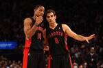 NEW YORK, NY - MARCH 20:  (L-R) DeMar DeRozan #10 and Jose Calderon #8 of the Toronto Raptors talk on court in the second half agianst the New York Knicks at Madison Square Garden on March 20, 2012 in New York City.  NOTE TO USER: User expressly acknowledges and agrees that, by downloading and or using this photograph, User is consenting to the terms and conditions of the Getty Images License Agreement.  (Photo by Chris Chambers/Getty Images)