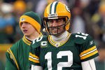GREEN BAY, WI - JANUARY 15:  Aaron Rodgers #12 of the Green Bay Packers looks on against the New York Giants during their NFC Divisional playoff game at Lambeau Field on January 15, 2012 in Green Bay, Wisconsin.  (Photo by Jonathan Daniel/Getty Images)