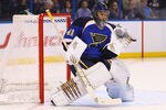 ST. LOUIS, MO - JANUARY 16: Jaroslav Halak #41 of the St. Louis Blues makes a save against the Dallas Stars at the Scottrade Center  on January 16, 2012 in St. Louis, Missouri.  (Photo by Dilip Vishwanat/Getty Images)