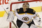 WINNIPEG, CANADA - FEBRUARY 17: Tuukka Rask #40 of the Boston Bruins keeps his eye on the puck during a game against the Winnipeg Jets in NHL action at the MTS Centre on February 17, 2012 in Winnipeg, Manitoba, Canada. (Photo by Marianne Helm/Getty Images)