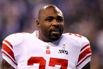 INDIANAPOLIS, IN - FEBRUARY 05:  Brandon Jacobs #27 of the New York Giants looks on during warm ups against the New England Patriots during Super Bowl XLVI at Lucas Oil Stadium on February 5, 2012 in Indianapolis, Indiana. The Giants won 21-17.  (Photo by Al Bello/Getty Images)