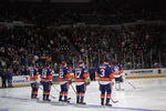 UNIONDALE, NY - MARCH 29: New York Islanders players line up for the game against the Pittsburgh Penguins at the Nassau Veterans Memorial Coliseum on March 29, 2012 in Uniondale, New York. The Islanders defeated the Penguins 5-3.  (Photo by Bruce Bennett/Getty Images)