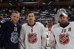 OTTAWA, ON - JANUARY 29:  Teammates Marian Gaborik #10 of the New York Rangers and Team Chara, Dan Girardi #5 and Henrik Lundqvist #30 of the New York Rangers and Team Alfredsson stand on the ice prior to the 2012 Tim Hortons NHL All-Star Game between Team Alfredsson and Team Chara at Scotiabank Place on January 29, 2012 in Ottawa, Ontario, Canada.  (Photo by Bruce Bennett/Getty Images)