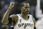 SAN ANTONIO, TX - JUNE 15:  Stephen Jackson #3 of the San Antonio Spurs celebrates in Game six of the 2003 NBA Finals against the New Jersey Nets on June 15, 2003 at the SBC Center in San Antonio, Texas.  The Spurs won 88-77 and defeated the Nets to win the NBA Championship.  NOTE TO USER: User expressly acknowledges and agrees that, by downloading and/or using this Photograph, User is consenting to the terms and conditions of the Getty Images License Agreement.  (Photo by Jed Jacobsohn/Getty Images)