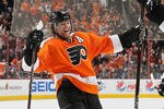 PHILADELPHIA, PA - JANUARY 22:  Scott Hartnell #19 of the Philadelphia Flyers celebrates his third goal of the second period against the Boston Bruins on January 22, 2012 at Wells Fargo Center in Philadelphia, Pennsylvania.  (Photo by Jim McIsaac/Getty Images)
