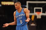 LOS ANGELES, CA - MARCH 29:  Russell Westbrook #0 of the Oklahoma City Thunder reacts after a foul to his teammate during the game against the Los Angeles Lakers at Staples Center on March 29, 2012 in Los Angeles, California.  NOTE TO USER: User expressly acknowledges and agrees that, by downloading and or using this photograph, User is consenting to the terms and conditions of the Getty Images License Agreement.  (Photo by Harry How/Getty Images)
