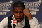 OKLAHOMA CITY, OK - MAY 23:  Kevin Durant #35 of the Oklahoma City Thunder addresses the media after the Dallas Mavericks defeated the Thunder 112-105 in overtime in Game Four of the Western Conference Finals during the 2011 NBA Playoffs at Oklahoma City Arena on May 23, 2011 in Oklahoma City, Oklahoma. NOTE TO USER: User expressly acknowledges and agrees that, by downloading and or using this photograph, User is consenting to the terms and conditions of the Getty Images License Agreement.  (Photo by Christian Petersen/Getty Images)