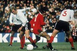LONDON - AUGUST 8:  George Best of Manchester United finds no way past the Fulham defence during a Pre-Season Friendly match between Fulham and Manchester United held on August 8, 1971 at Craven Cottage, in London. (Photo by Getty Images)