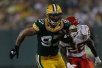 GREEN BAY, WI - SEPTEMBER 1: Vic So'oto #97 of the Green Bay Packers runs for a touchdown on an interception during a preseason game against the Kansas City Chiefs at Lambeau Field on September 1, 2011 in Green Bay, Wisconsin. (Photo by Scott Boehm/Getty Images)