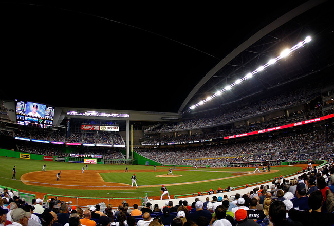MIAMI, FL - APRIL 02:  A general view of the Marlin's Ballpark during a preseason game against the New York Yankees at Marlins Park on April 2, 2012 in Miami, Florida.  (Photo by Mike Ehrmann/Getty Images)
