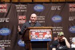 NEW YORK - MARCH 06:   UFC president Dana White (C) speaks at a press conference with lightweight contenders Nate Diaz (L) and Jim Miller (R) at Radio City Music Hall on March 06, 2012 in New York City.  UFC announced that their third event on the FOX network will take place on Saturday, May 5 from the IZOD Center in East Rutherford, N.J.. (Photo by Michael Nagle/Getty Images)