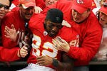 KANSAS CITY, MO - DECEMBER 18:  Dwayne Bowe #82 of the Kansas City Chiefs celebrates by jumping into the standfs after the Chiefs defeated the Green Bay Packers 19-14 to win the game on December 18, 2011 at Arrowhead Stadium in Kansas City, Missouri.  (Photo by Jamie Squire/Getty Images)