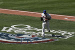 NEW YORK, NY - APRIL 05:  Johan Santana #57 of the New York Mets runs across the Opening Weekend logo as runs back to the dugout at the end of an inning against the Atlanta Braves during their Opening Day Game at Citi Field on April 5, 2012 in New York City.  (Photo by Nick Laham/Getty Images)