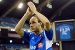 MONTREAL, CANADA - APRIL 7:  Justin Mapp #21 of the Montreal Impact celebrates after defeating the Toronto FC during the MLS match at the Olympic Stadium on April 7, 2012 in Montreal, Quebec, Canada.  The Impact defeated the Toronto FC 2-1.  (Photo by Richard Wolowicz/Getty Images)