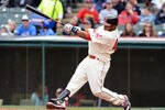 CLEVELAND, OH - APRIL 8: Catcher Carlos Santana #41 of the Cleveland Indians hits a solo home run during the second inning against the Toronto Blue Jays at Progressive Field on April 8, 2012 in Cleveland, Ohio. (Photo by Jason Miller/Getty Images)