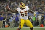 TORONTO, ON - OCTOBER 30: London Fletcher #59 of the Washington Redskins celebrates after interceping a pass in the end zone during NFL game action against the Buffalo Bills at Rogers Centre on October 30, 2011 in Toronto, Ontario, Canada. (Photo by Tom Szczerbowski/Getty Images)