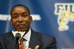 MIAMI - APRIL 15:  Isiah Thomas talks to the media after he was introduced as the new head coach for Florida International Univeristy men's basketball team at U.S.Century Bank Arena on April 15, 2009 in Miami, Florida.  (Photo by Doug Benc/Getty Images)