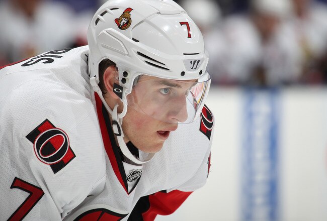 TORONTO, CANADA - JANUARY 17:  Kyle Turris #7 of the Ottawa Senators waits for a faceoff in a game against the Toronto Maple Leafs on January 17, 2012 at the Air Canada Centre in Toronto, Ontario, Canada. The Senators defeated the Leafs 3-2. (Photo by Claus Andersen/Getty Images)