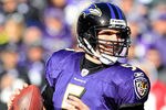 BALTIMORE, MD - JANUARY 15:  Quarterback Joe Flacco #5 of the Baltimore Ravens looks to throw a pass against the Houston Texans during the second quarter of the AFC Divisional playoff game at M&T Bank Stadium on January 15, 2012 in Baltimore, Maryland.  (Photo by Chris Trotman/Getty Images)
