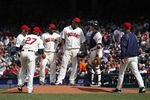 CLEVELAND, OH - SEPTEMBER 25: Manager Manny Acta #11 of the Cleveland Indians comes to the mound to remove pitcher Fausto Carmona #55 from the game against the Minnesota Twins during the seventh inning of their game on September 25, 2011 at Progressive Field in Cleveland, Ohio. The Twins defeated theIndians 6-4. (Photo by David Maxwell/Getty Images)